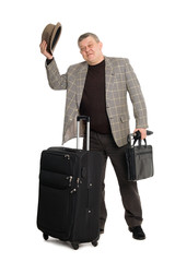 Man with luggage or greeting someone.