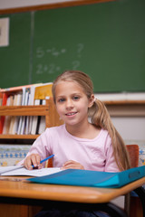 Fototapeta na wymiar Portrait of a cute schoolgirl writing