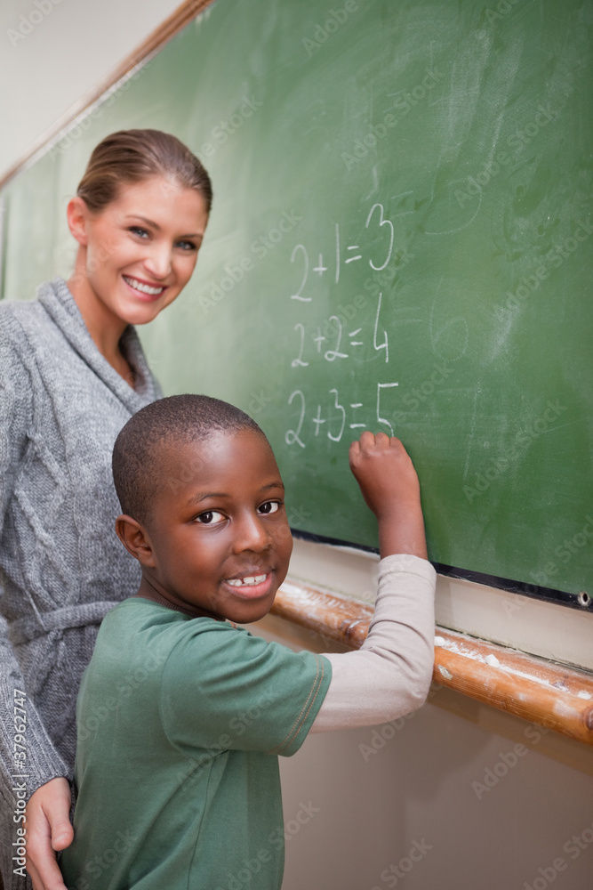 Poster portrait of a teacher explaining mathematics to a pupil