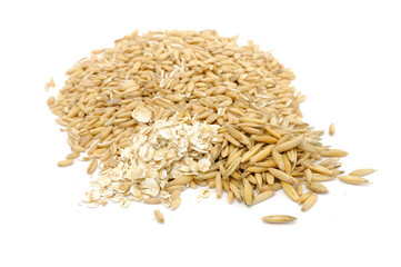 Peeled Oats, Oat Flakes and Unpeeled Oats Isolated on White