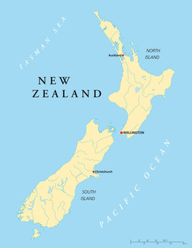 New Zealand political map with capital Wellington, national borders, rivers and lakes. English labeling and scaling. Illustration. Vector.