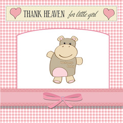 childish baby announcement card with hippo toy