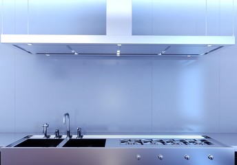 cucina fornelli acciaio inox render 3d