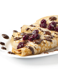 pancakes with cherry jam and chocolate icing