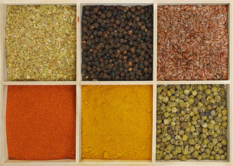 Six spices in a wooden square split jar