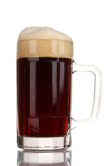 red beer with the foam in mug isolated on white