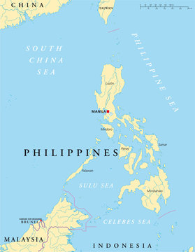 Philippines political map with capital Manila, national borders, rivers and lakes. English labeling and scaling. Illustration. Vector.