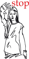 sketch of Woman showing his hand in signal of stop. vector illus