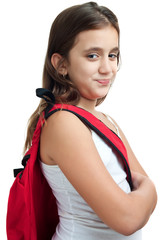 Cute  girl with a red backpack isolated on white