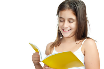 Hispanic girl reading isolated on white