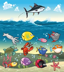 Poster Grappige vissen onder de zee. Vector tekens. © ddraw