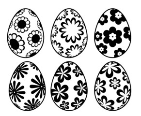 Six Black and White Easter Day Eggs with Floral Designs