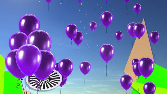 purple balloons up to sky