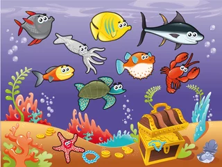 Tafelkleed Grappige vissen onder de zee. Vector illustratie. © ddraw