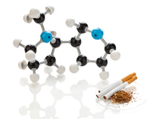 Nicotine molecule with tobacco and cigarettes