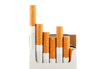 Cigarettes in pack on the white