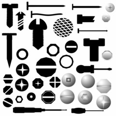 Screw heads, bolts, steel nuts, metal nail, screwdriver