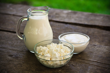 Dairy products on wooden table