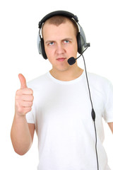 telephone operator showing thumb up over white