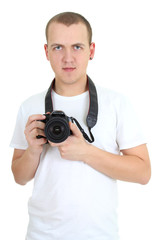 photographer with dslr camera isolated over white