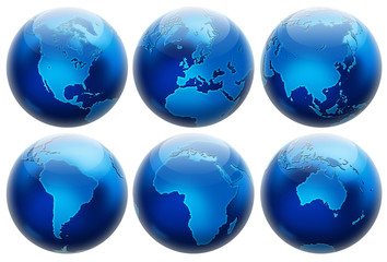 Six different positions globes isolated on white