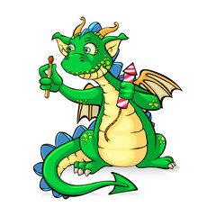 Funny green dragon holding fireworks - in vector