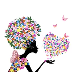 Poster Meisje met bloemen op haar hoofd met een valentijn © Aloksa