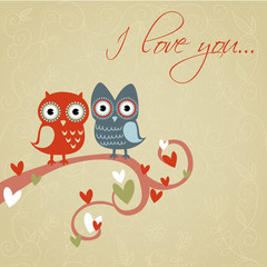 Valentine love card with owls and hearts - 38029567