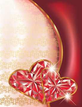 Love card with two ruby hearts, vector illustration