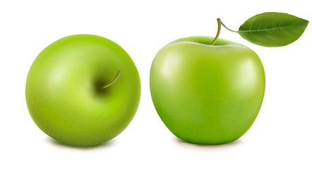 Fresh green apple with green leaf. Vector