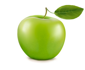 Fresh green apple with green leaf. Vector.