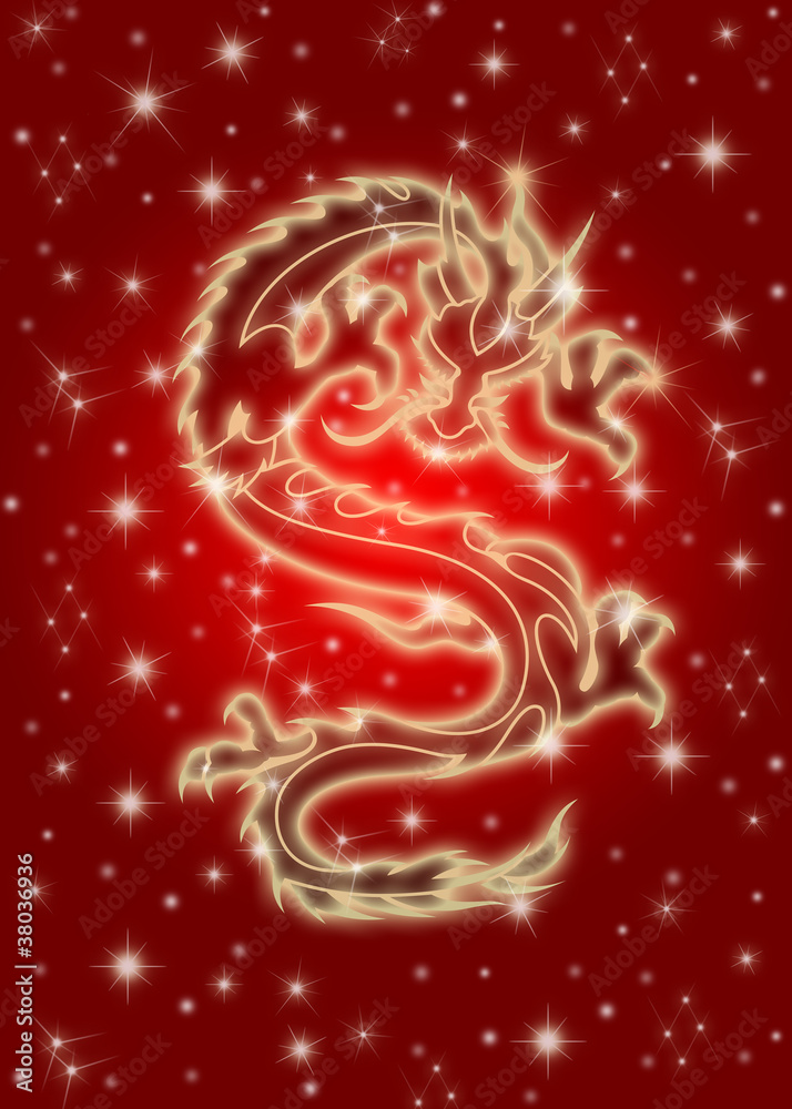 Wall mural celestial chinese dragon on red background