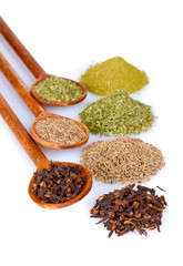 spices in the spoons isolated on white