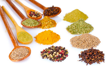 spices in the spoons isolated on white