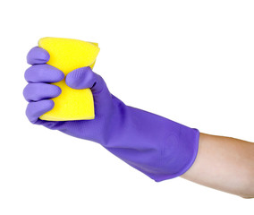 yellow sponge in hand isolated on white