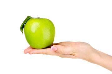 Woman hand holdig ripe organic apple isolated on white