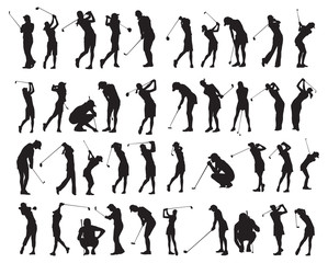 40 female golf poses silhouette - obrazy, fototapety, plakaty