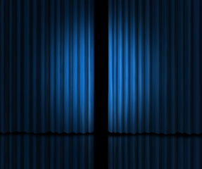 Introducing on a blue curtain stage - obrazy, fototapety, plakaty