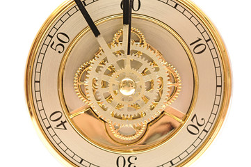 closeup golden clock with gears