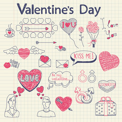 Valentine doodles set. Vector illustration.