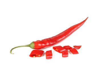 Red Spicy Chili Pepper with Chili Slices Isolated on White