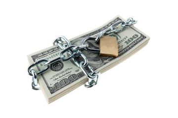 Dollar Geldscheine mit Schloss und Kette.