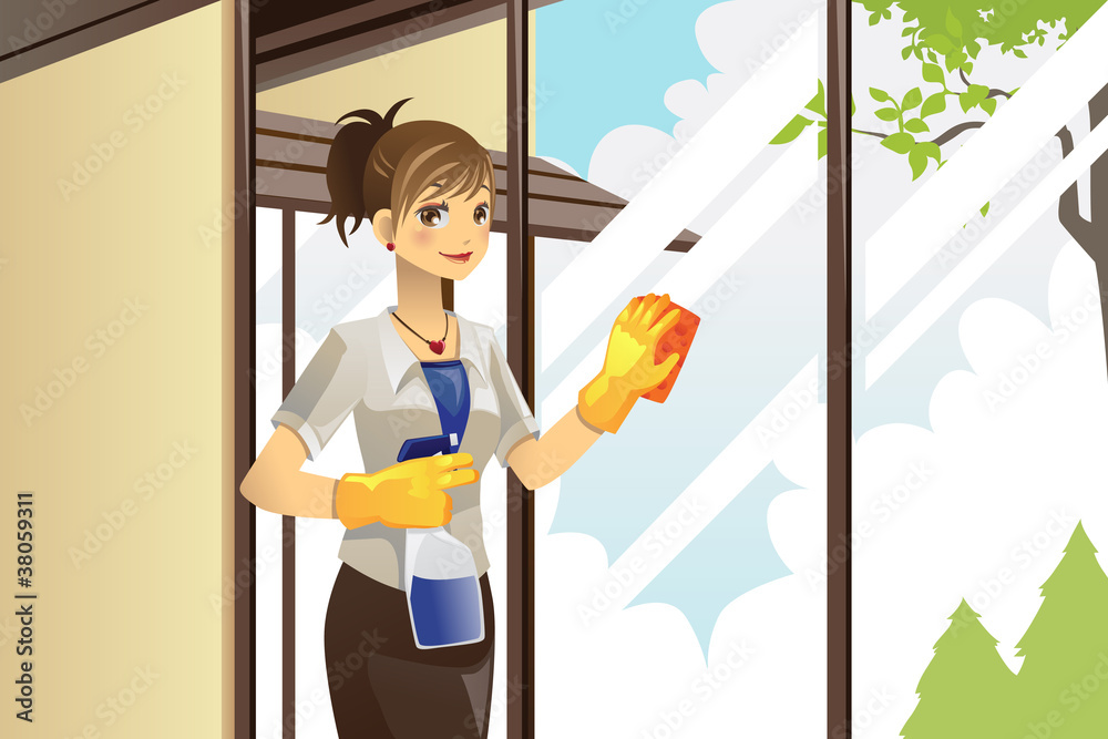 Wall mural Housewife cleaning windows