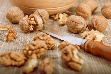 Walnuts on tablecloth