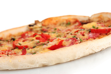 delicious pizza with sausage and vegetables isolated on white