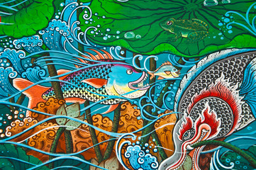 Buddhist art paint style in public temple of thailand