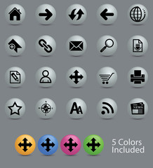 Navigation icon set with 5 different colors glossy button.