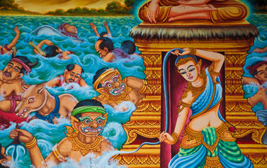 Buddhist art paint style in public temple of thailand