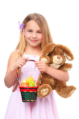 girl with basket of easter eggs and easter bunny