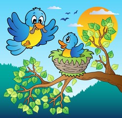 Deux oiseaux bleus avec branche d& 39 arbre